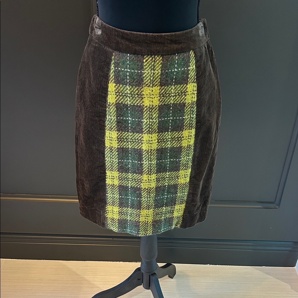 Vintage Maeve Brown Corduroy Pencil Skirt with Yellow Plaid Panel